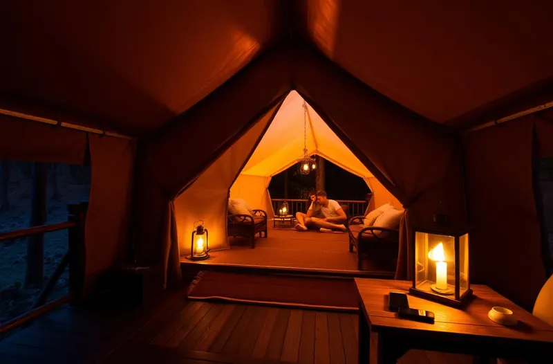 Discreet wireless access point at a glamping site at dusk