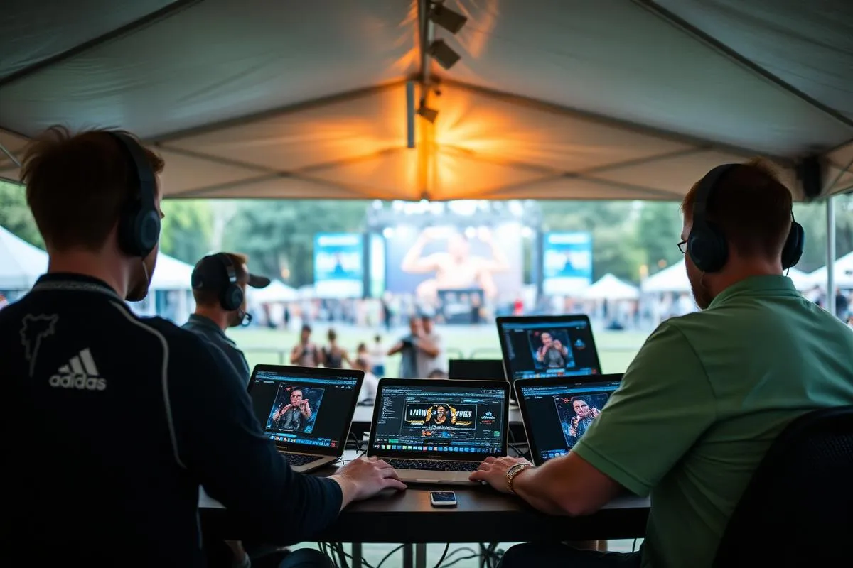Festival production area with a temporary telecoms mast