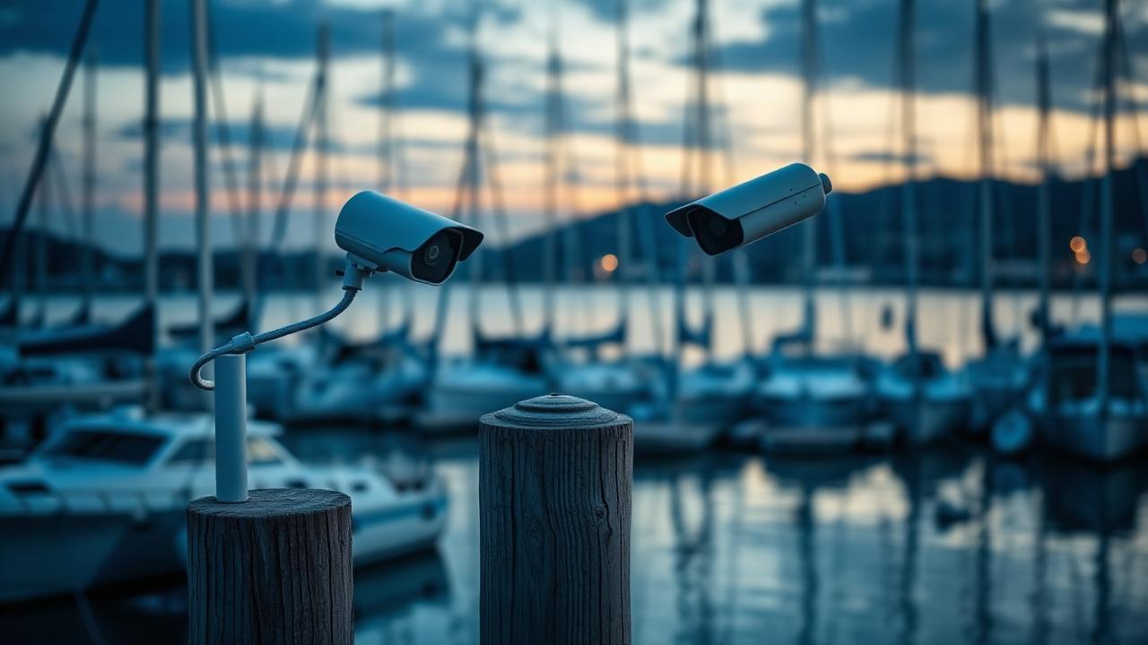 Outdoor CCTV camera on a marina pontoon post at dusk