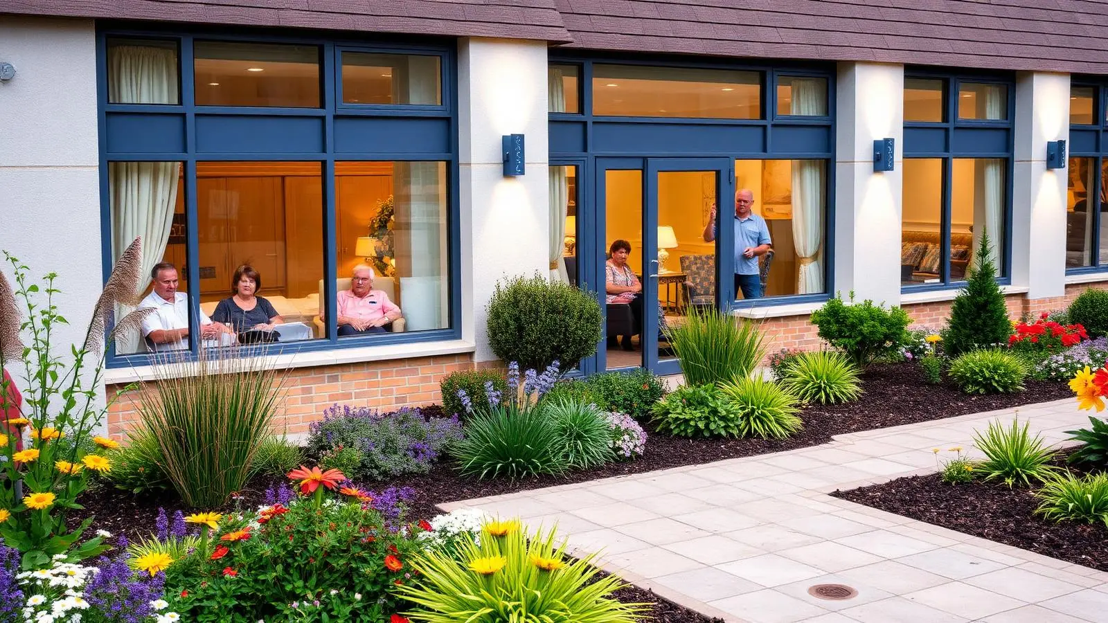 Exterior of a modern UK care home with landscaped gardens