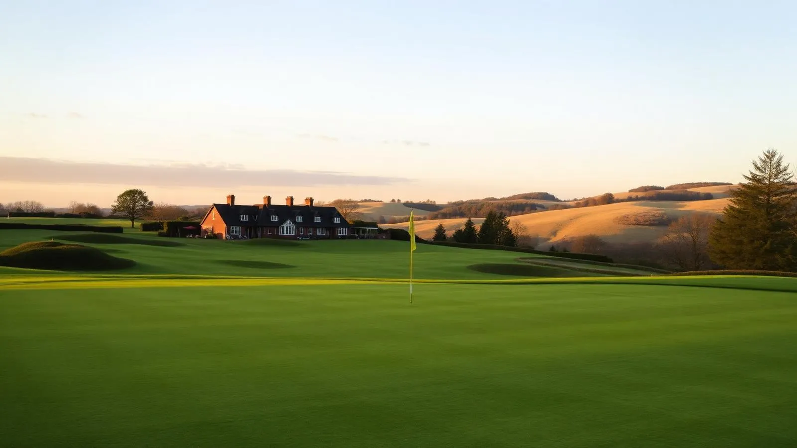 English golf course clubhouse at golden hour