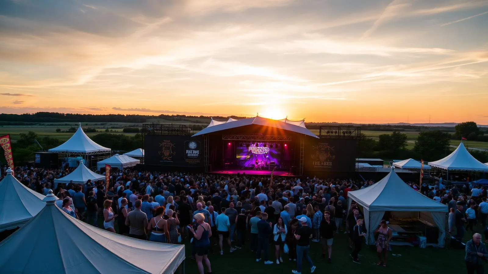 UK outdoor festival main stage at dusk with crowd silhouettes