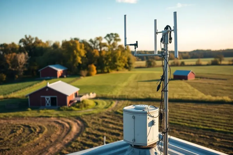 Wireless dish on a farm barn aimed at the farmhouse
