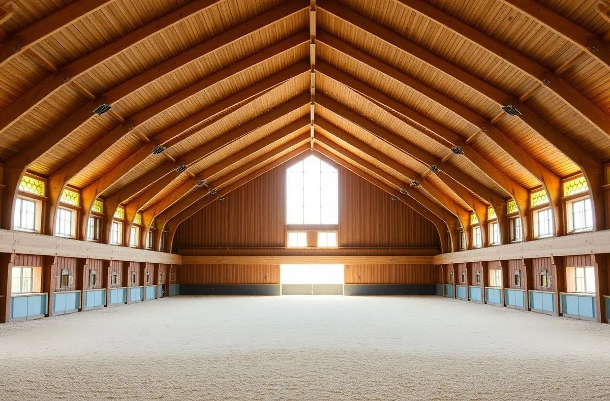 Wireless dish above a metal-roofed equestrian barn