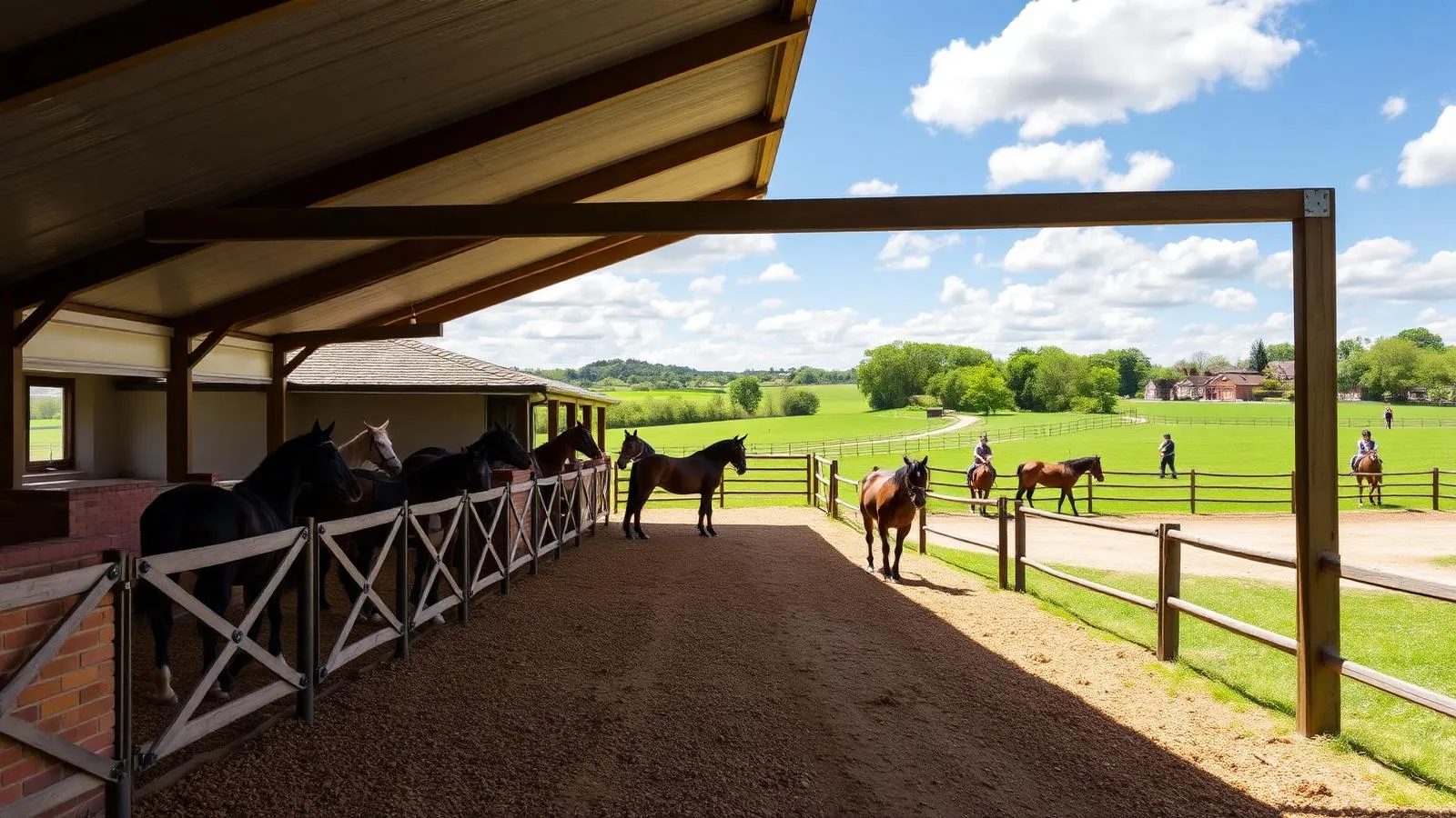 English equestrian yard with stable block and indoor arena