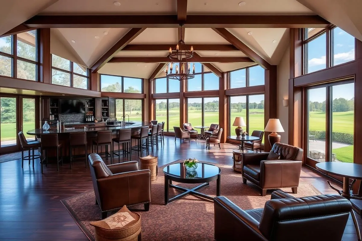 Luxury golf clubhouse interior bar with course view