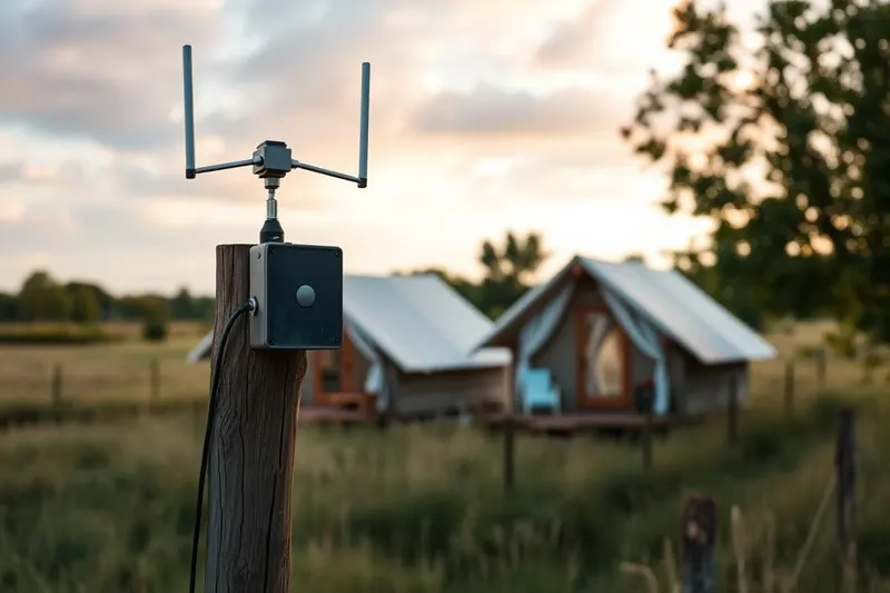 Starlink dish on a wooden pole at a glamping site