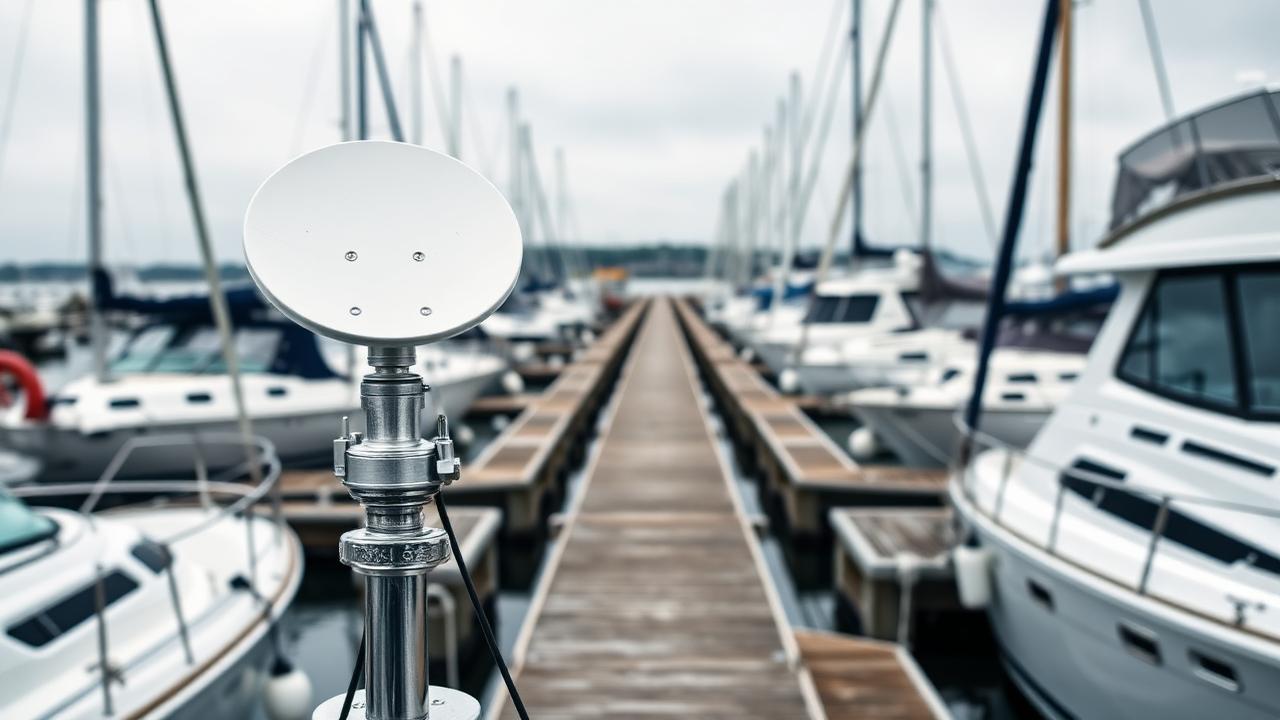 Point-to-point wireless dish on a marina pontoon