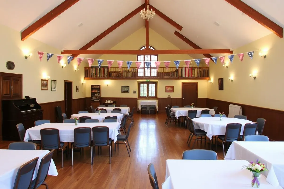 Village hall main room with stacked chairs