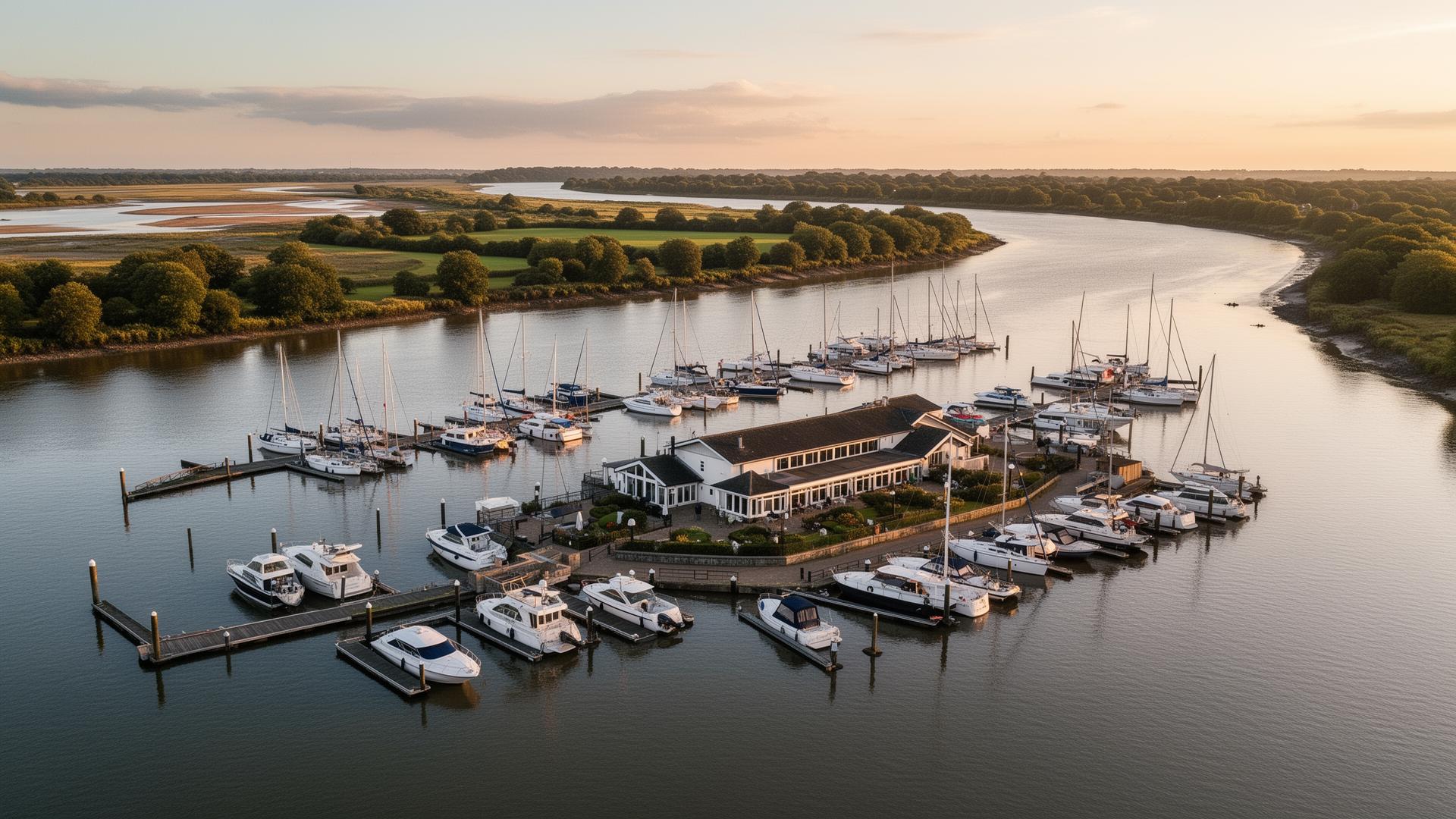 Marina at the water's edge with moored yachts and pontoons