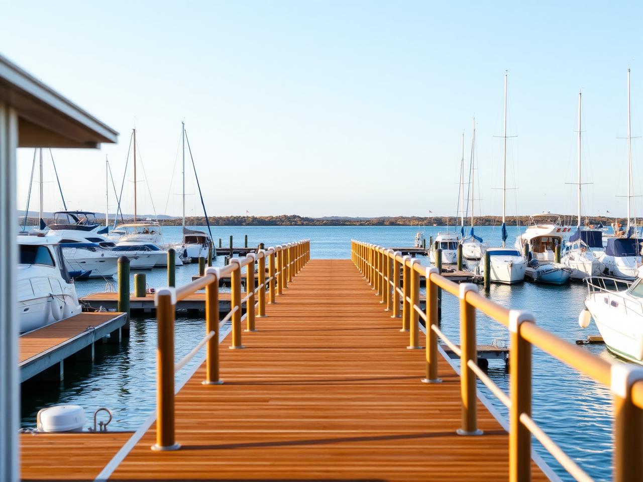 Pontoons stretching across a marina toward distant moorings